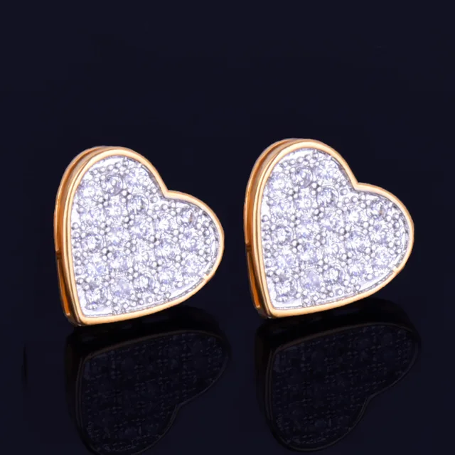 14MM Width Heart-shaped Gold Color Stud Earring For Men Women Full Cubic Zircon Screw Back Earrings Fashion Hip Hop Jewelry Gift 5