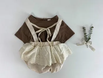 

3817 Shirts for Baby Girl Children Summer Clothes Foam Ribbon Shirt Top and Suspender Short Toddler Girl Summer Blouse