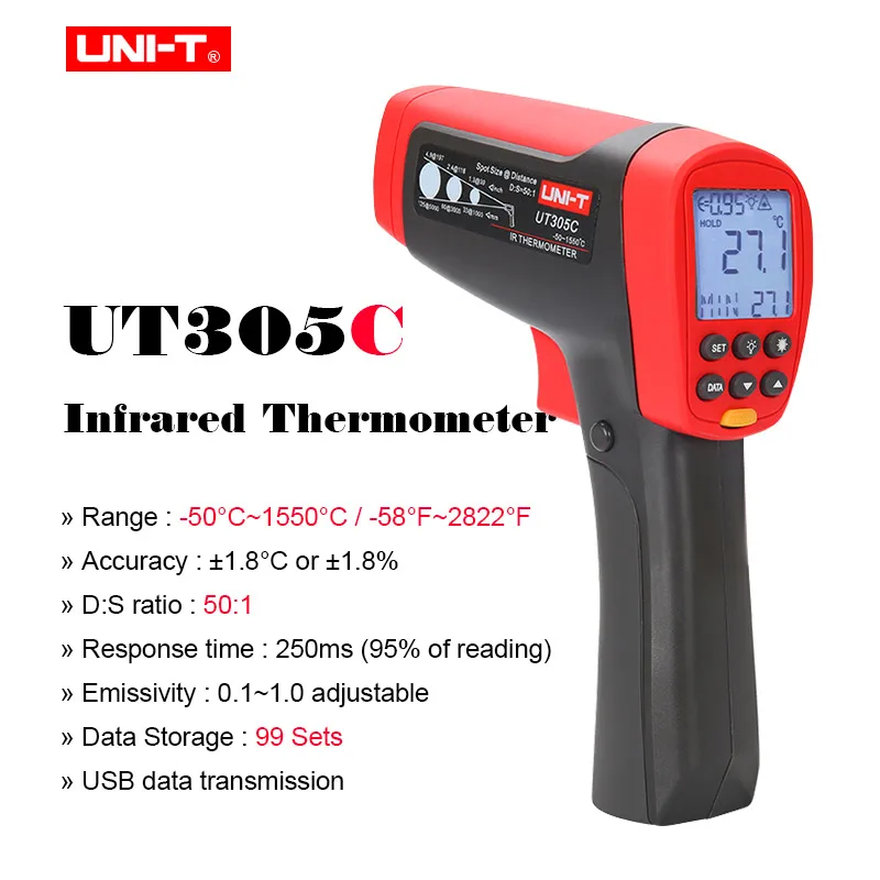UNI-T UT305A/UT305C Handheld Industrial Grade Infrared Thermometer;Data Logging/USB Interface/High and Lower Alarm/LCD Backlight - Цвет: UT305C