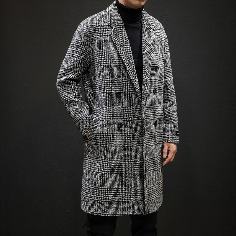 Cheap 2020 Spring Men Long Trench Coat Male Houndstooth Print Windbreaker Turn-down Collar Woollen Overcoat 2#10/10D50