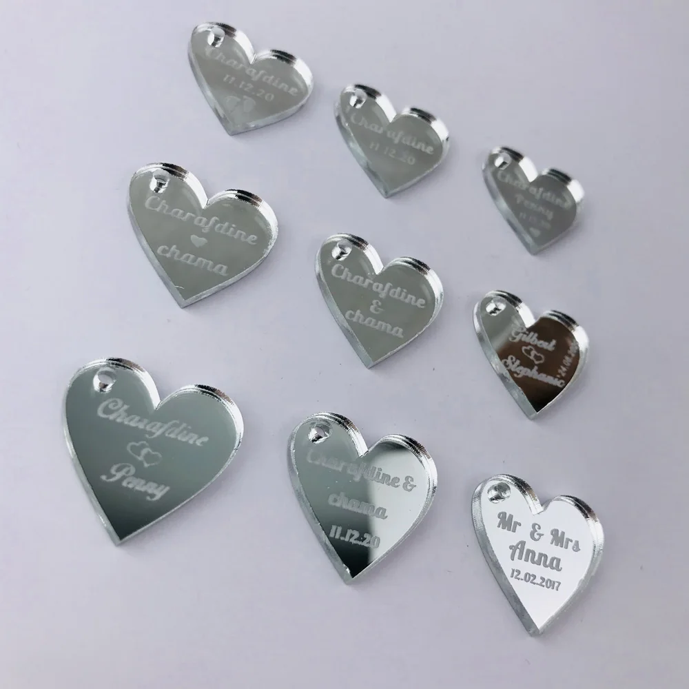 50pcs Custom Mirror silver Heart Label Tag Personalized MR MRS Wedding party souvenirs Table Decoration Centerpieces Favors (3)