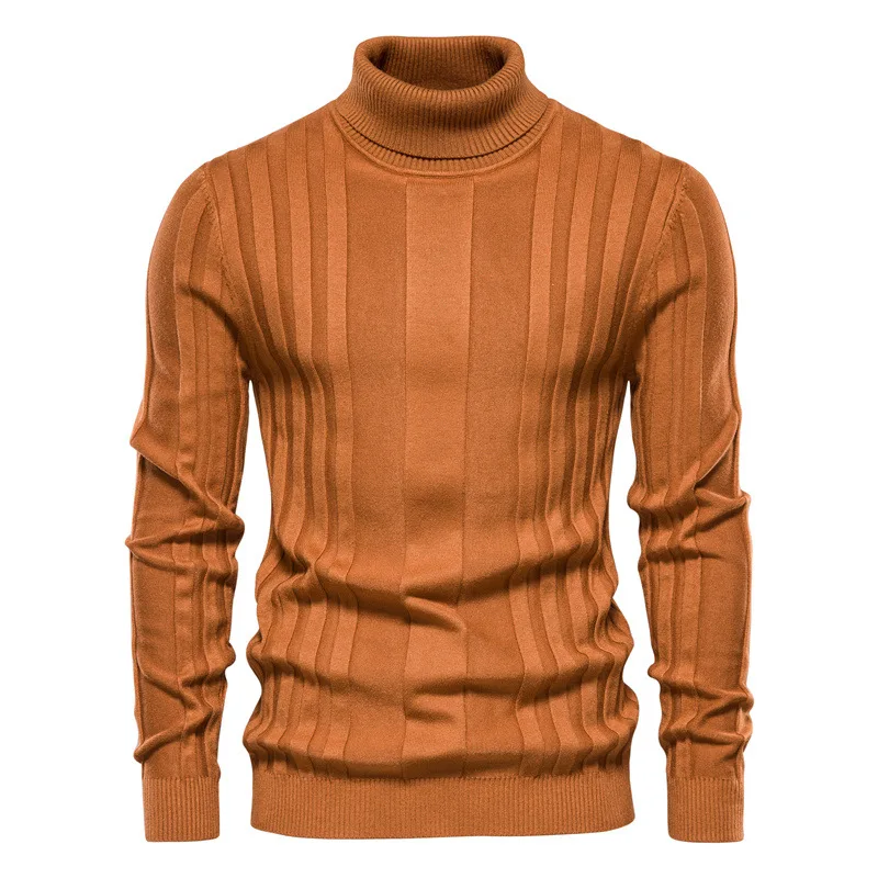 Men's Turtleneck Sweater Pure Color Thick Warm Striped Pullover Slim Fit AW21 New Male Knitwear Clothes | Мужская одежда