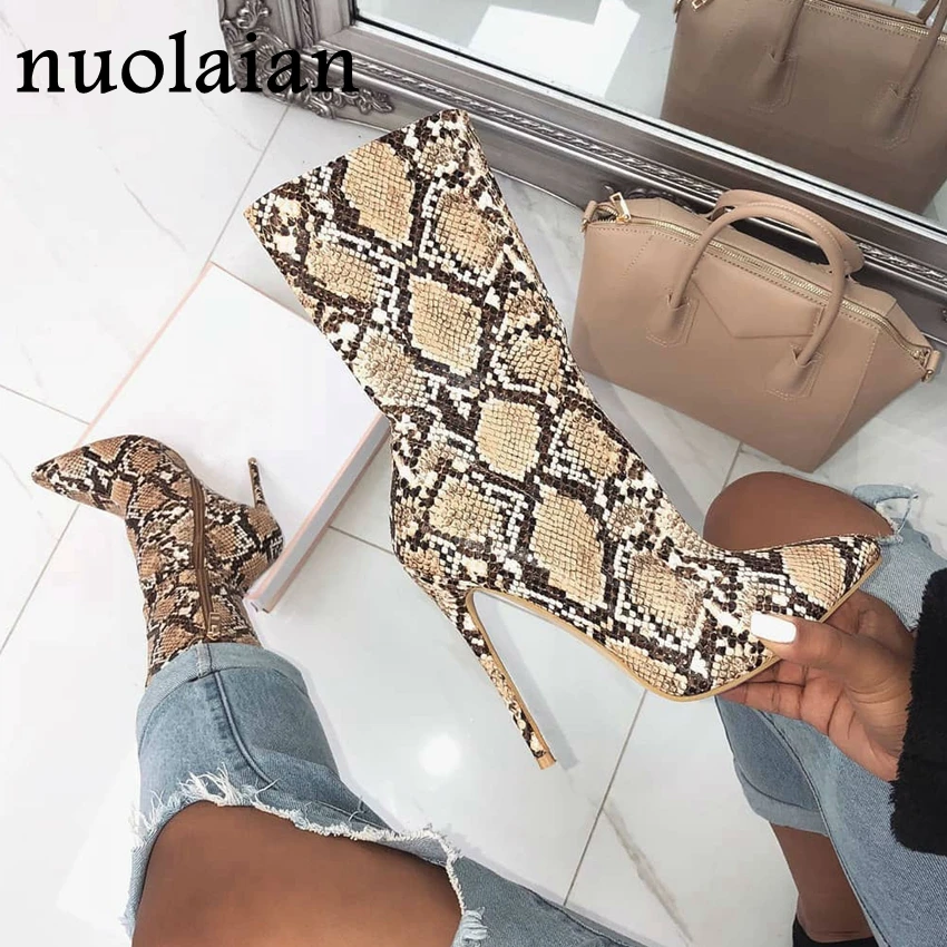 

Women's 10.5CM Heels Winter Shoes Leopard Leather Ankle Boots Woman Sock Boot Ladies Bottine Snow Boots Women High Heel Shoe
