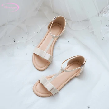 

Street style summer cool sandals fashion bowknot belt buckle strap beige pink blue comfortable flat with women's big size