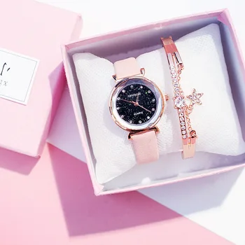

Casual Women Starry Sky Watches Bracelet Set Fashion Ladies Bracelet Watch Leather Band Quartz Wristwatch Clock Relogio Feminino