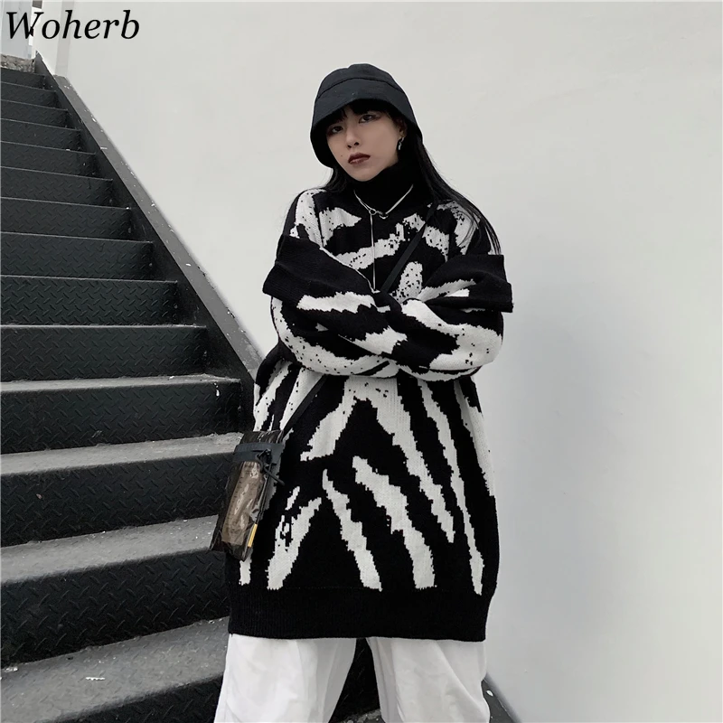 Woherb, новинка, модные пуловеры с принтом зебры, джемпер с круглым вырезом и длинным рукавом, полосатый свитер для женщин, осенне-зимняя одежда, корейский стиль 91286
