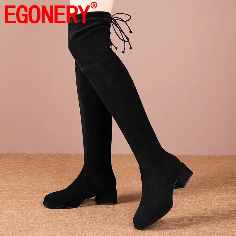 

EGONERY winter concise casual round toe black Over knee long boots 5.5 cm middle heel shoes Keep warm lace up office high boots