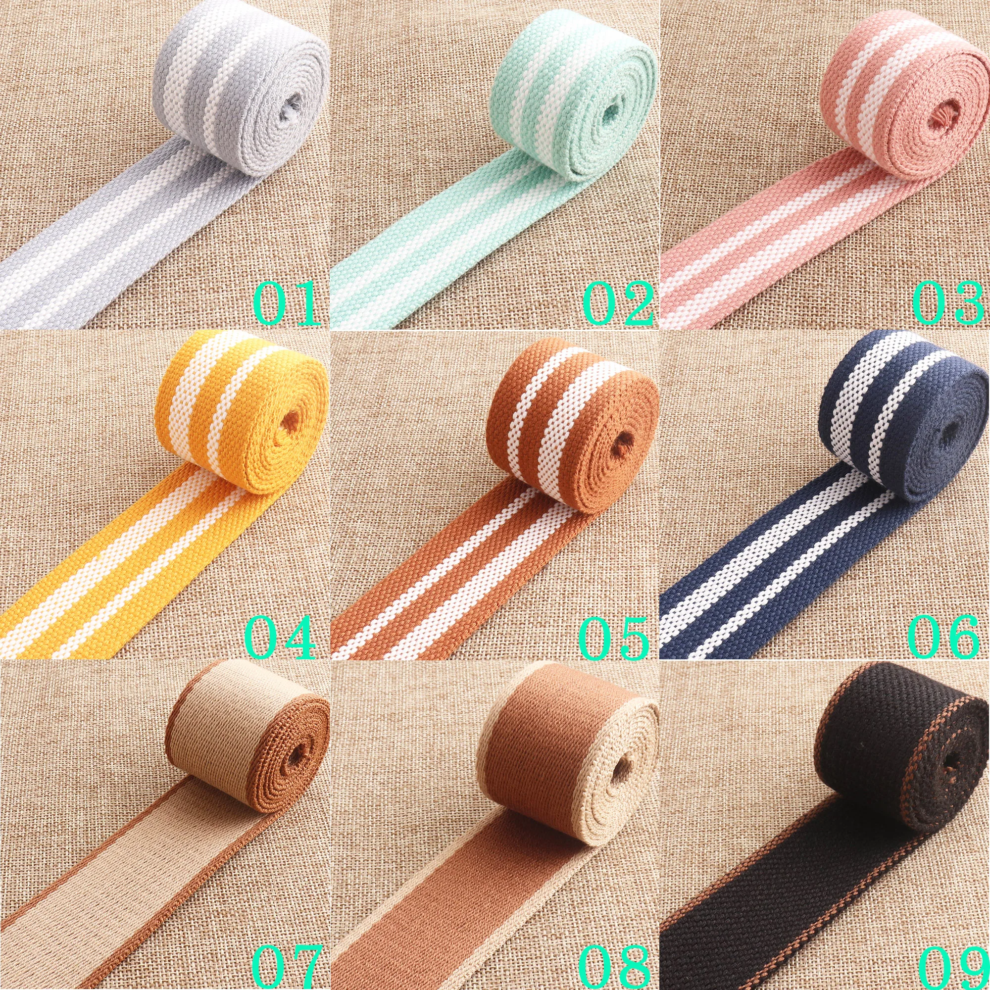 

38mm Webbing Khaki White Gray Cotton Webbing 32mm Green Pink Belt Striped Lanyard Keychain Polyester Webbing purse Strap 6 Yards