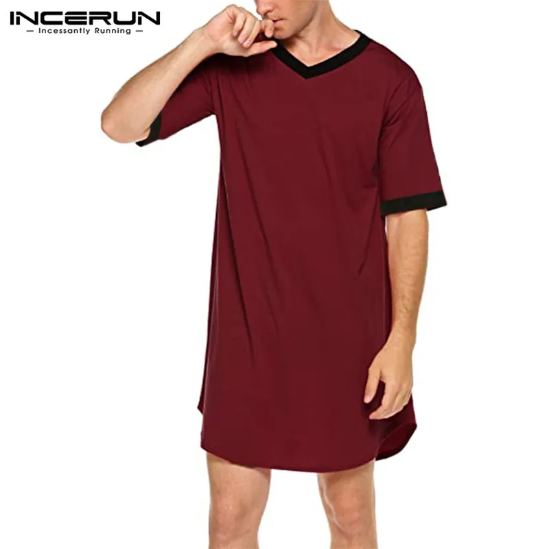 Flannel Robe Men Sleep Robes Nightgown Short Sleeve V Neck Loose Homewear Comfortable Patchwork Mens Bathrobes Dressing Gown S-5XL