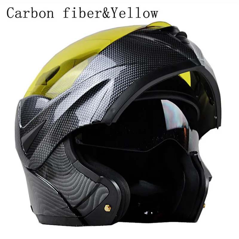 Мотоциклетный Bluetooth шлем из углеродного волокна с двойным козырьком в горошек модульный флип-кейс для мотокросса уличный велосипед+ гарнитура - Цвет: carbon yellow