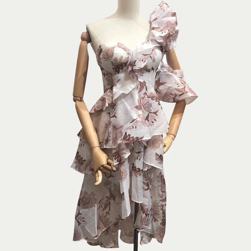 CHICEVER Sexy Print Ruffle Dress Women Asymmetrical Collar Off Shoulder High Waist Mini Dresses Female Summer Fashion New