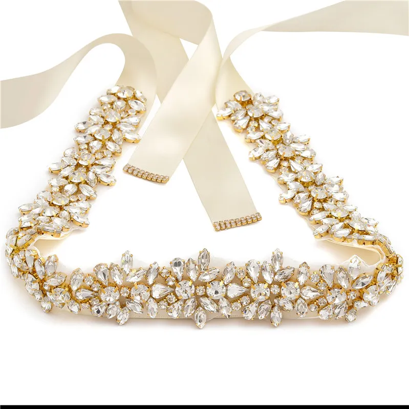 GOLD ivory MissRDress Алмазный свадебный пояс сделанный вручную цветок из кристаллов пояс невесты золотой пояс со стразами лента для свадьбы платья JK817 - Цвет: GOLD ivory