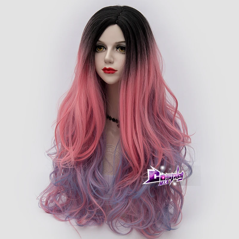 Pink Blue Косплей микс Аниме Косплей 75 см многоцветный Омбре длинные кудрявые Хэллоуин Рождество синтетический парик+ шапка - Цвет: Pink Blue