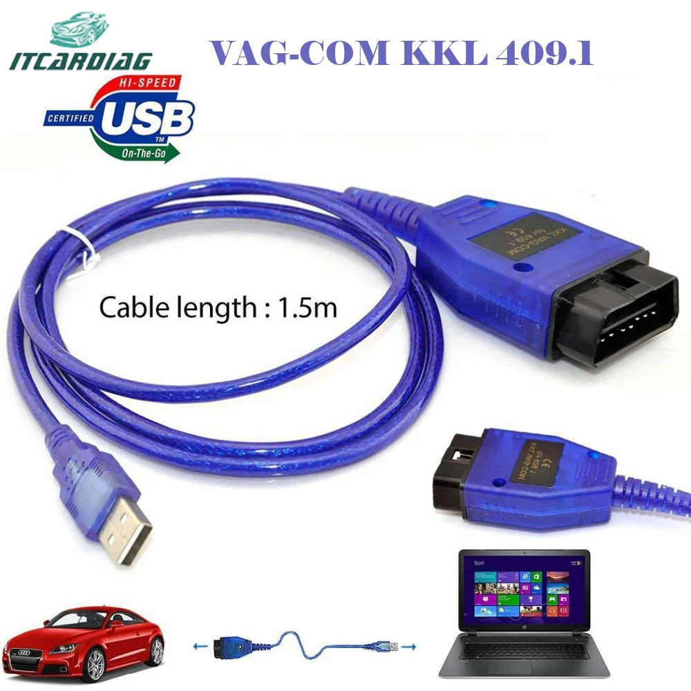 

Auto USB Cable KKL VAG-COM 409.1 OBD2 II OBD WINDOWS 98/ME/2000/NT and XP Diagnostic Scanner V W Vag-Com Interface Blue Black