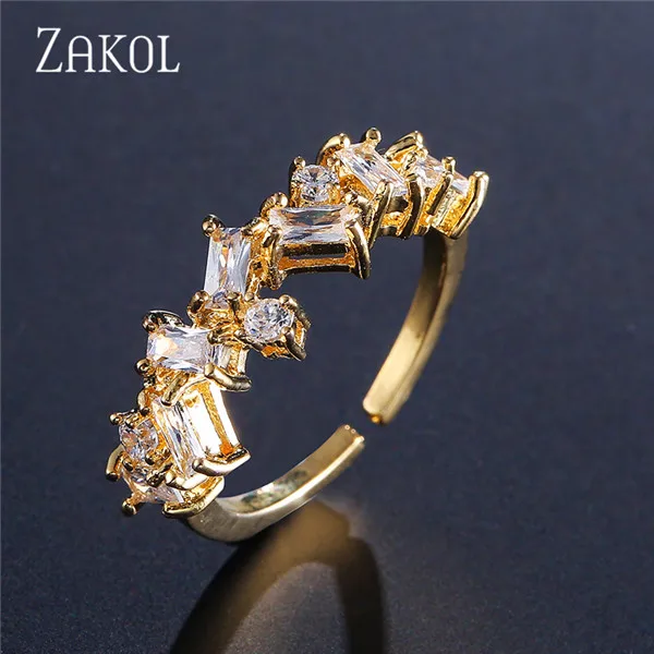 ZAKOL, европейский стиль, регулируемые кольца, талисманы, Женские Ювелирные изделия, уникальный прямоугольник, кубический циркон, кольца на палец для свадьбы, FSRP2003 - Цвет основного камня: Gold Color 4
