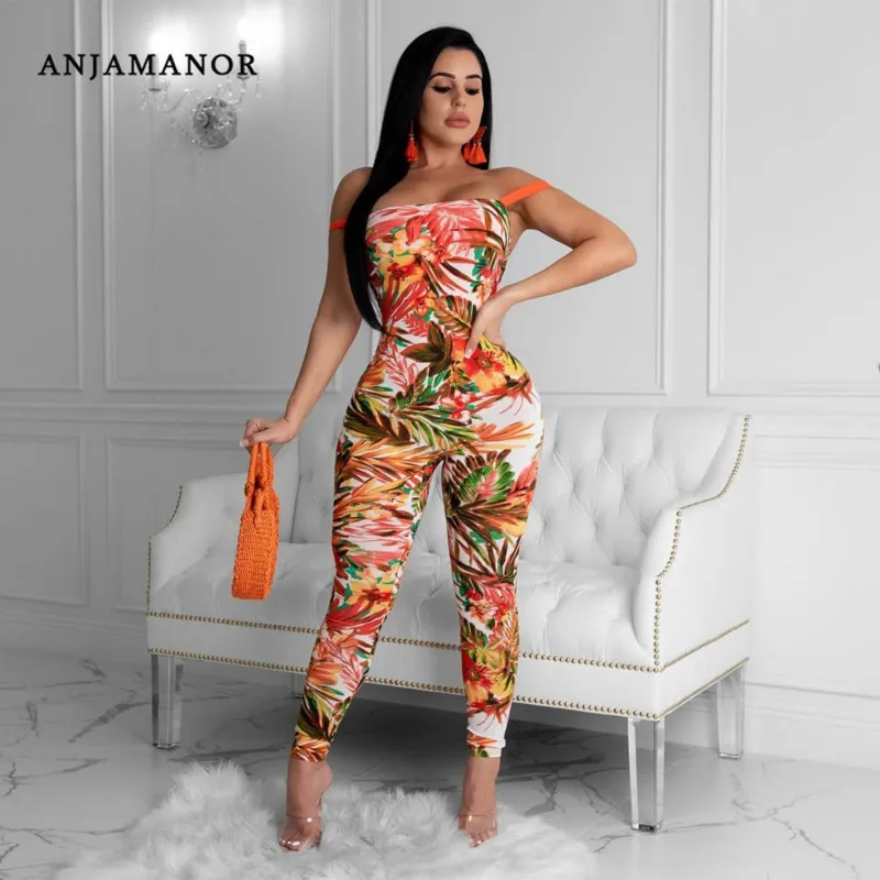 

ANJAMANOR Tropical Floral Print Sexy Jumpsuit Women Summer 2020 Clubwear Off Shoulder Backless Bandage One Piece Outfit D35-AD08