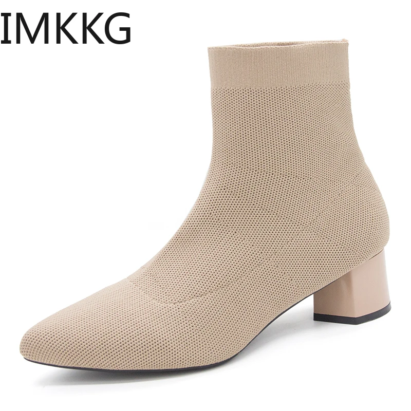 

Women Knitting Elastic Autumn Ankle Boots Square Middle Heels Female Pointed Toe Short Sock Boot Ladies Casual Shoes F90346