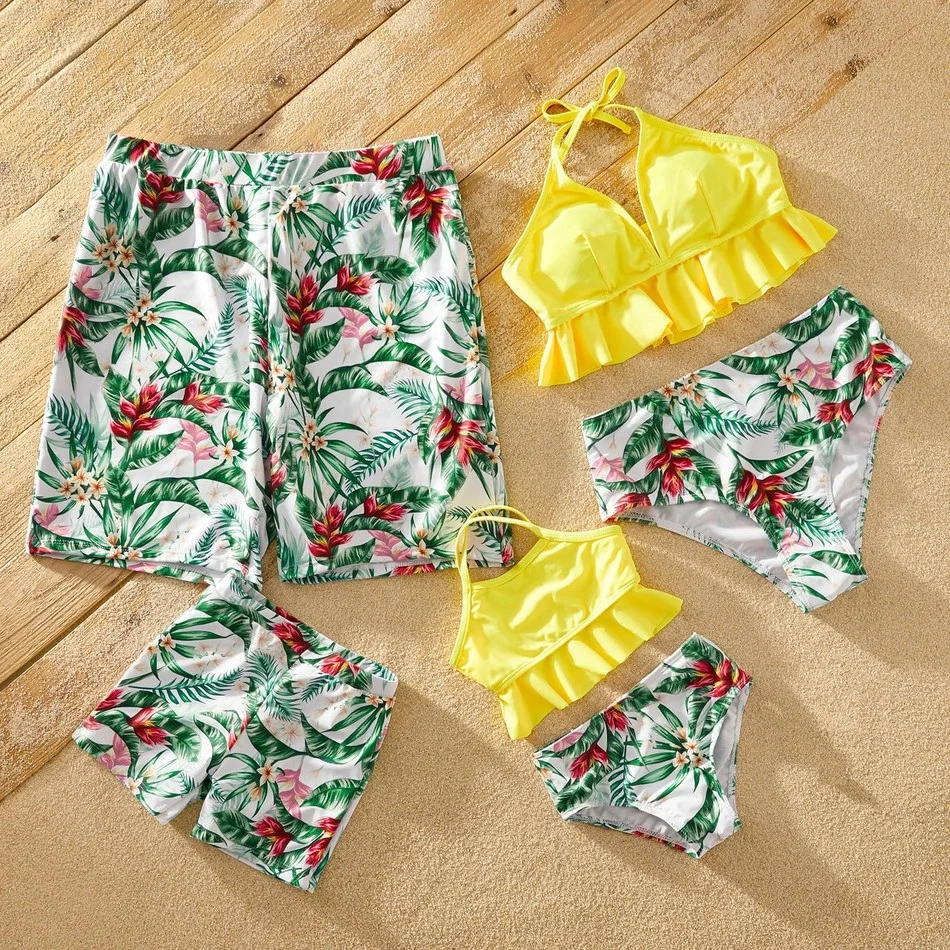 Traje de baño de hojas a juego para madre e hija, bañadores de playa para mamá y yo, ropa de baño para padre e hijo, pantalones cortos de baño