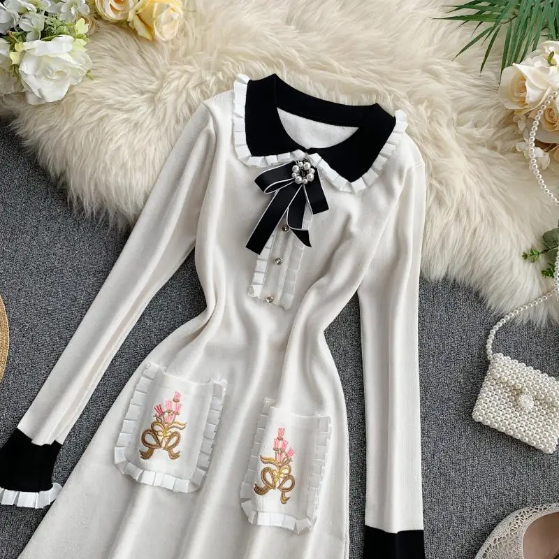 Модное дизайнерское подиумное трикотажное платье с цветочной вышивкой, осенне-зимнее женское милое платье с длинным рукавом и бантом