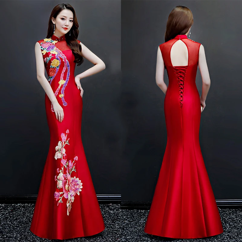 Pulpur полной длины Для женщин Китайский Стиль Вечеринка платье Тонкий Русалка Qipao пикантные туфли с низким вырезом на спине платье без рукавов Cheongsam Размеры S-xxl