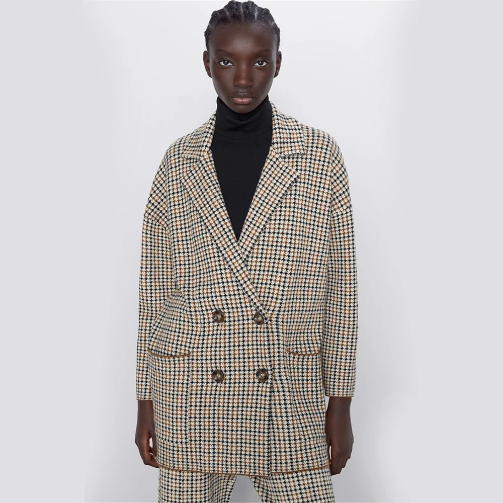 

2019 ZA Women Knit Two Piece Set Lapel Suit Double-breasted Jacket Houndstooth Lattice Wide-leg Pants Autumn Winter Black Friday