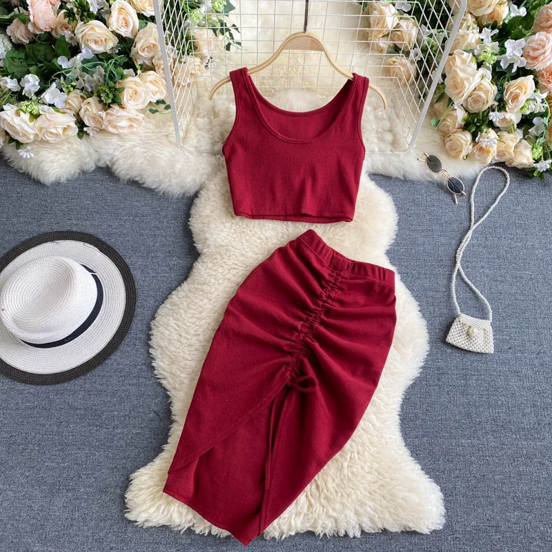 European Style Sprint Summer Women Knitting Sexy Cropped Tops+Drawstring Pleated Skirt Two-Piece Suit Popular Fashion Clothes |