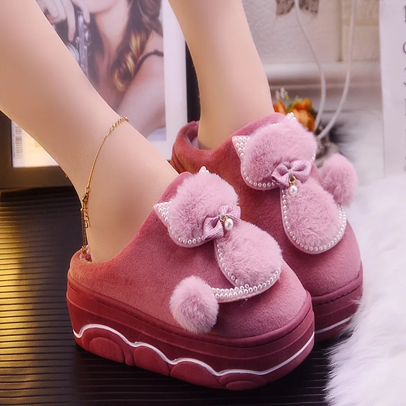 Preise Cut Cat Hausschuhe Winter Frauen Hause Schuhe Mit Perle Baumwolle Mode Plätschern Denken Einzige Flache Hausschuhe Dame Schuhe Plattform