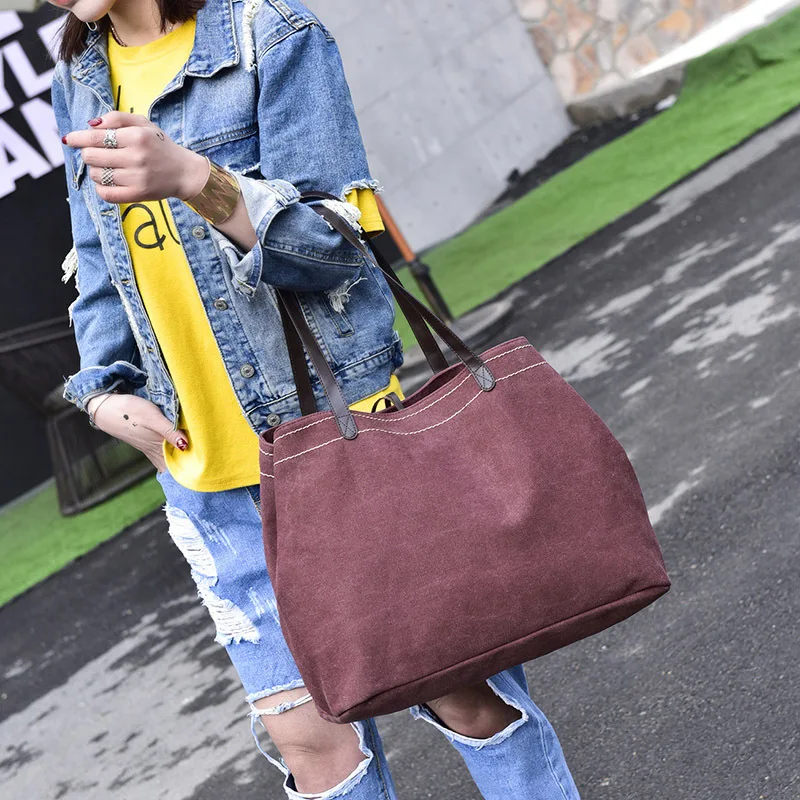 

Europe And America Casual WOMEN'S Bag Women's Simple Canvas Portable Shoulder Bag Women's Large Capacity Multi-Compartment Canva