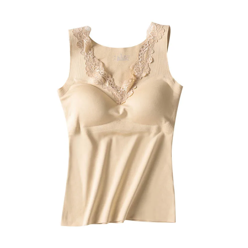 Женский осенне-зимний однотонный бесшовный кружевной плотный топ со встроенным бюстгальтером, модные сексуальные теплые облегающие Топы