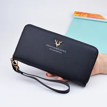 

Metal Deer Head Decoration Long Zippered Large Capacity Clutch Bag Stylish Women's PU Leather Purse