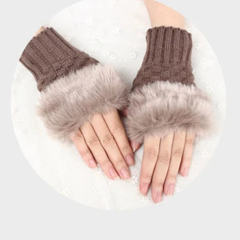 

Warm Knitted Gloves Mittens Women Solid Color Fingerless Plaid Pattern Short Paragraph Wool Half Finger Faux Rabbit Glove WINTER