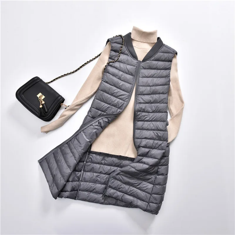 Women Duck Down Long Vest Ultra Light Portable Slim Waistcoat Female Stand Collar Sleeveless Down Jacket