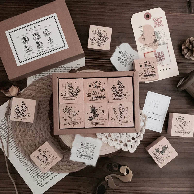 

6 Pcs/set Vintage Plant Mushroom Decoration Stamp Wooden Rubber Stamps for Scrapbooking Stationery DIY Craft Standard Stamp