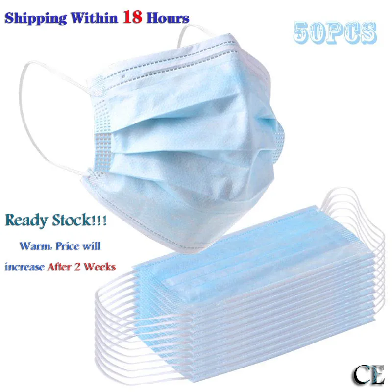 

50pcs Non Woven Disposable Face Mask 3 Layer Earloop Anti-Dust proof Respirator Mouth Safety Breathable Protection Masks