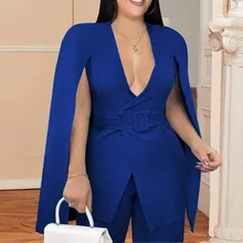 

Plus Size Blazers for Women Elegant Blue Office Lady Flying Sleeve Belted Sexy V-Neck Jacket Coat for Party Dinner Workwear