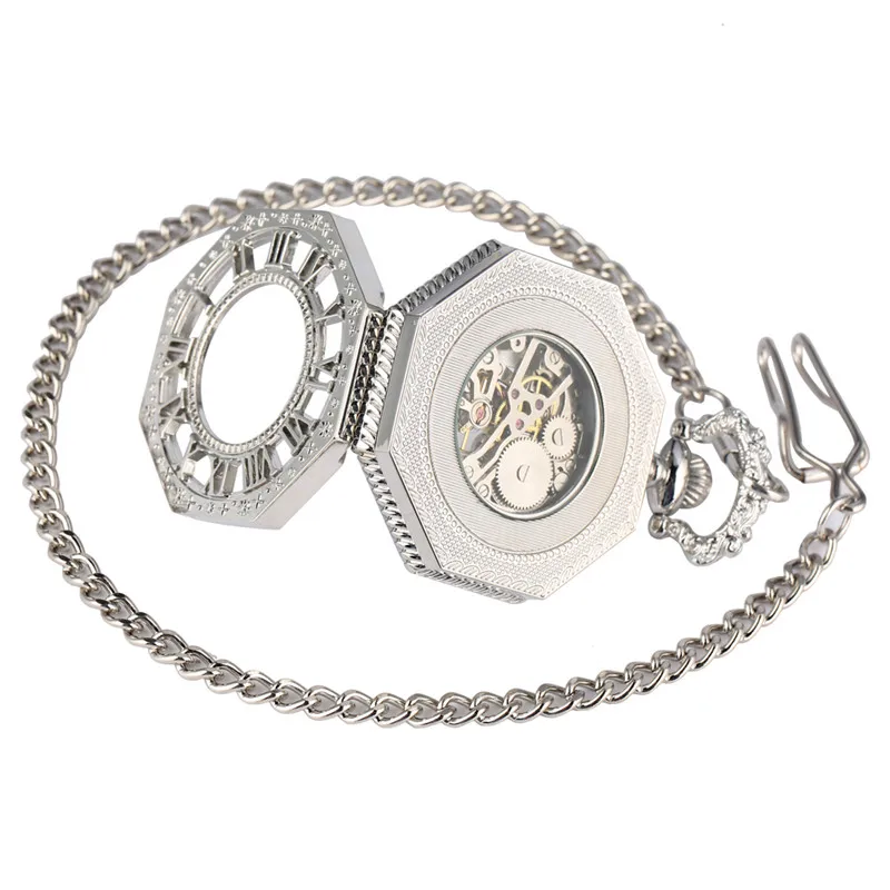 Silver Hollow Octagon Unisex Hand-winding Mechanical Pocket Watch Skeleton Clock Roman Number Dial Pendant Chain Reloj