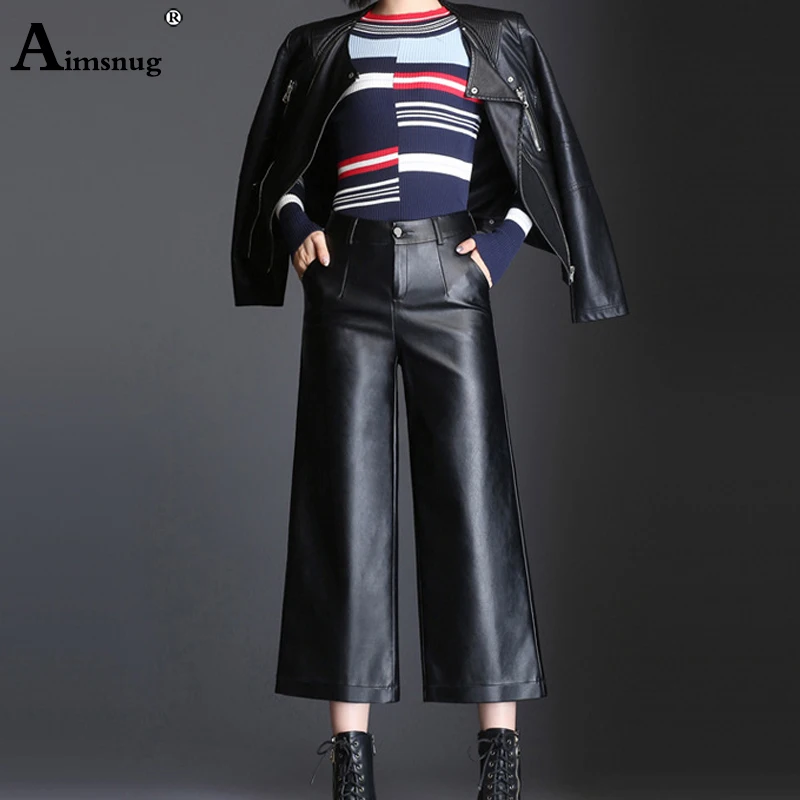 

Plus size 4xl Women Fashion PU Leather Wide Leg Pants Black Faux Leather Trousers Pantalon Female Loose High Waist Pencil Pants
