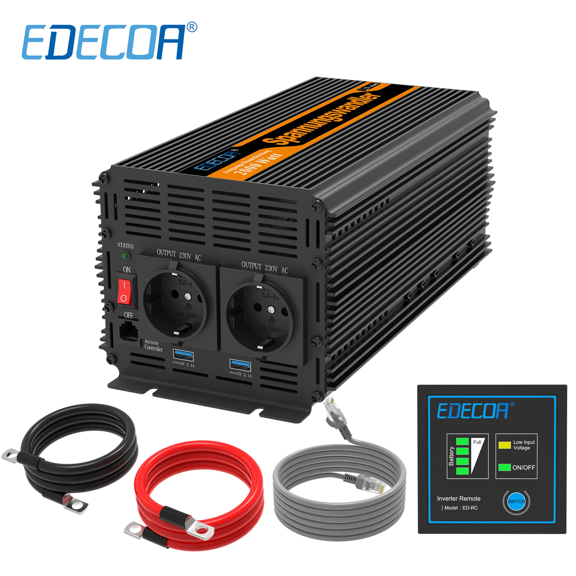 EDECOA инвертор мощности 2000W DC 12V 24V to AC 220V 230V модифицированный синусоидальный