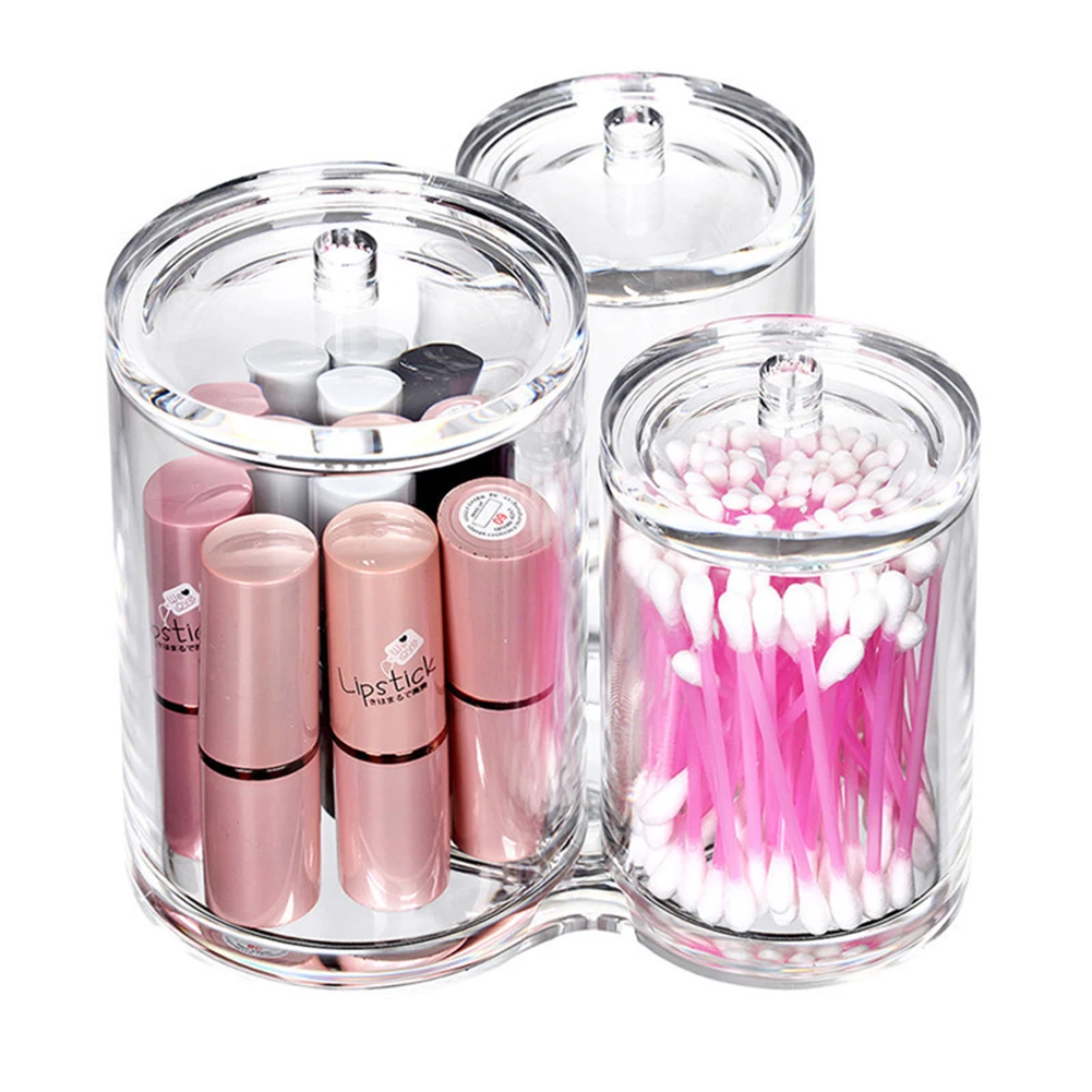 Triplet Acrylic Makeup Organizer With Lids Clear Cotton Swab Box Lipsticks Brush Storage Desktop Case For Cosmetics | Дом и сад