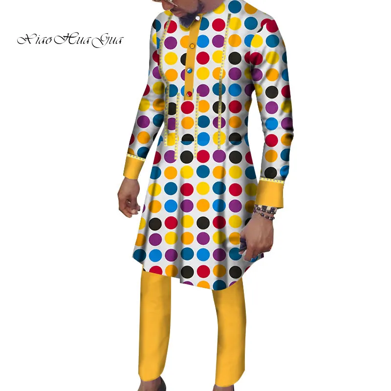 Африканская мужская одежда рубашка с длинными рукавами платье и брюки комплект традиционный Африканский Базен Riche печати Топы платье и брюки wyn964 - Цвет: 2