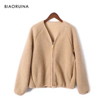 BIAORUINA Женская однотонная Модная тонкая куртка из искусственного меха с молнией, Женская Повседневная Удобная теплая куртка с v-образным вырезом, подходит ко всему