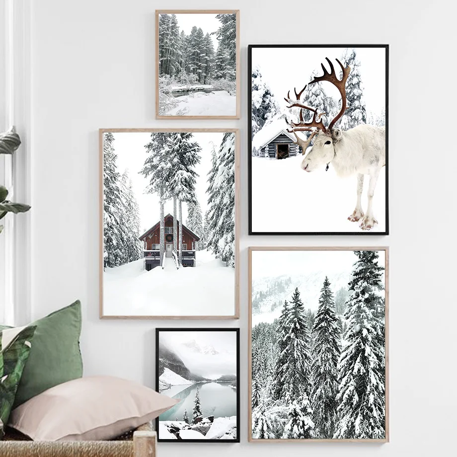 Reindeer-Cedar-Winter-Snow-Forest-House-Wall-Art-Canvas-Painting-Nordic-Posters-And-Prints-Wall-Pictures