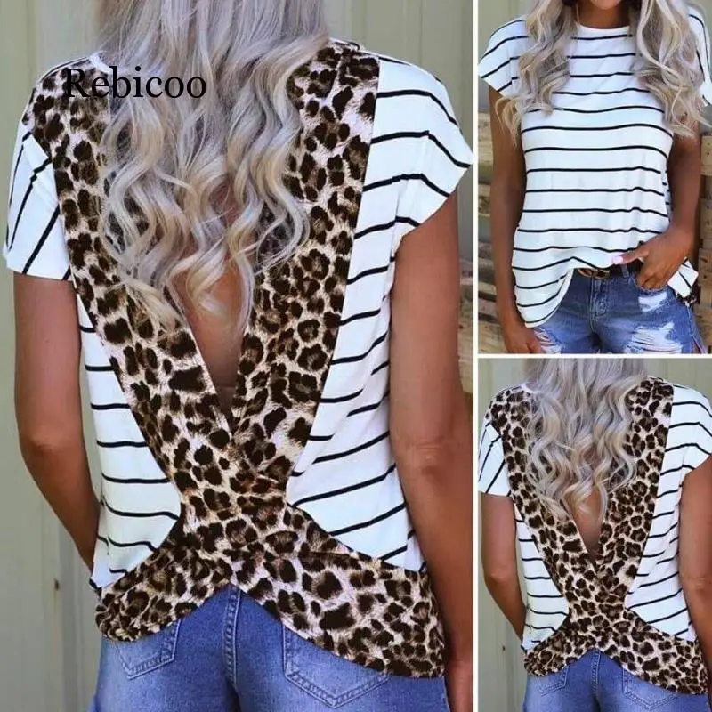  Cross Leopard Printed Women Tee Shirts Open Back Short Sleeve O Neck T Shirts Summer Fashion Loose 
