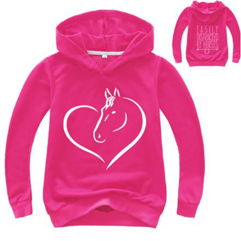 

2-16Y New Fall Casual Girls Hoodies Kids Sweatshirts Long Sleeve Cartoon Horse Boys Sweaters Pullovers Hooded Thin Coat