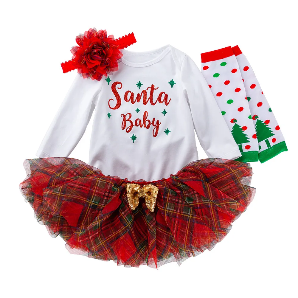 Детский комбинезон на Рождество для маленьких девочек, топы, платье-пачка, набор для волос, модная одежда с круглым вырезом и длинными рукавами для маленьких девочек - Цвет: White A