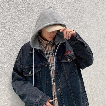 

Autumn New Denim Jacket Men Fashion Washed Solid Color Casual Hooded Denim Jacket Man Streetwear Hip Hop Loose Bomber Jacket
