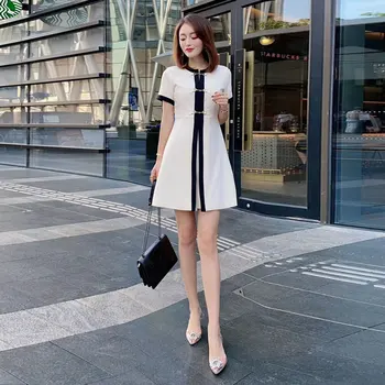 

High-end temperament summer new metal buckle elegant temperament foreign style slim color matching socialite little breeze dress