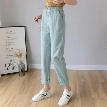 

Summer 2019 Cotton Linen Ankle Length Pants Women's Autumn Casual Loose Trousers Pencil Pants High Waist Ladies White Trousers