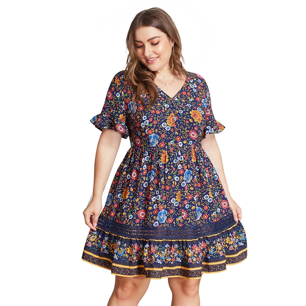 

New Summer Women's Short Sleeve Large Size ,Originally designed wave-point sleeveless dress , summer dress 2019 , summer dress