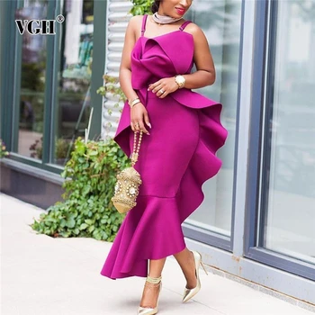 

VGH Elegant Irregular Women Two Piece Sets Square Collar Spaghetti Strap Short Top High Waist Ruffles Skirt Casual Suits Female